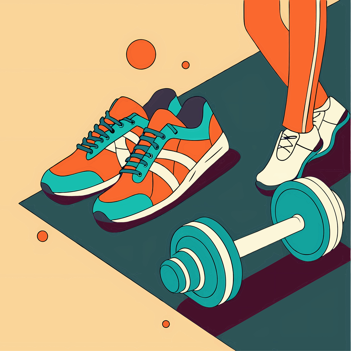 Fit Crate app illustration — sneakers and a dumbbell on a gym mat